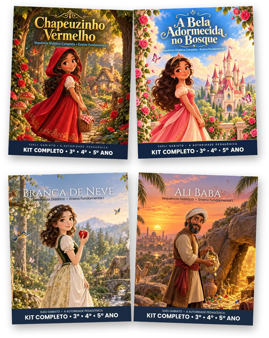 Os quatro kits completos: Chapeuzinho Vermelho, A Bela Adormecida, Branca de Neve e Ali Babá